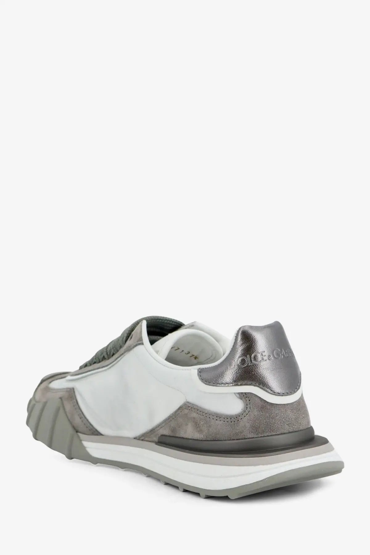 Dolce &amp; Gabbana women’s sneakers in white nylon suede with silver metallic heel tab and layered rubber sole
