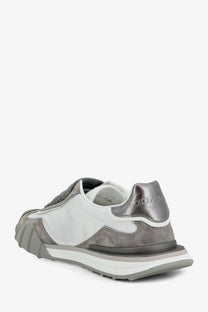 Dolce &amp; Gabbana women’s sneakers in white nylon suede with silver metallic heel tab and layered rubber sole