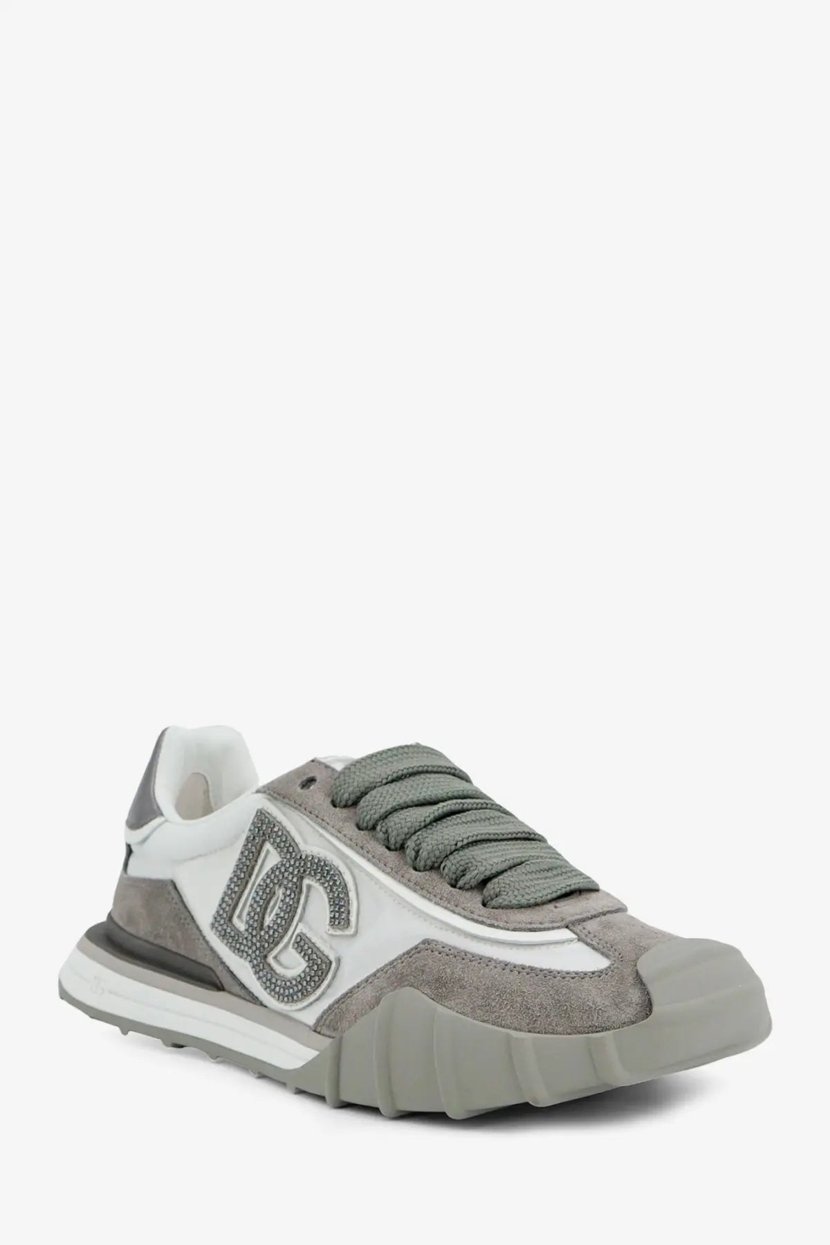 Dolce and Gabbana women’s gray and white suede sneaker with nylon and silver embellished dc logo on the side