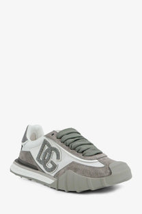 Dolce and Gabbana women’s gray and white suede sneaker with nylon and silver embellished dc logo on the side