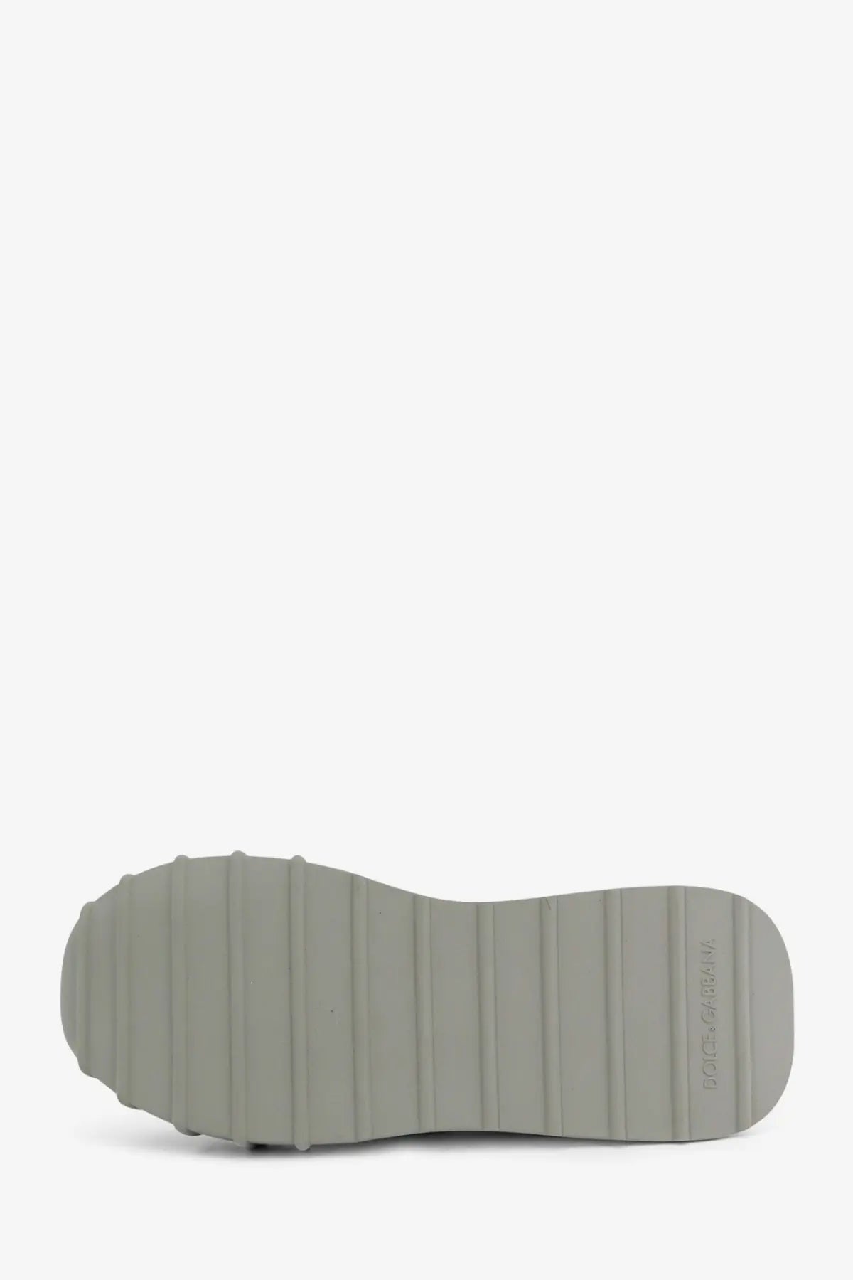 Back view of dolce &amp; gabbana women’s white nylon suede sneakers with gray rubber sole and embossed logo on heel