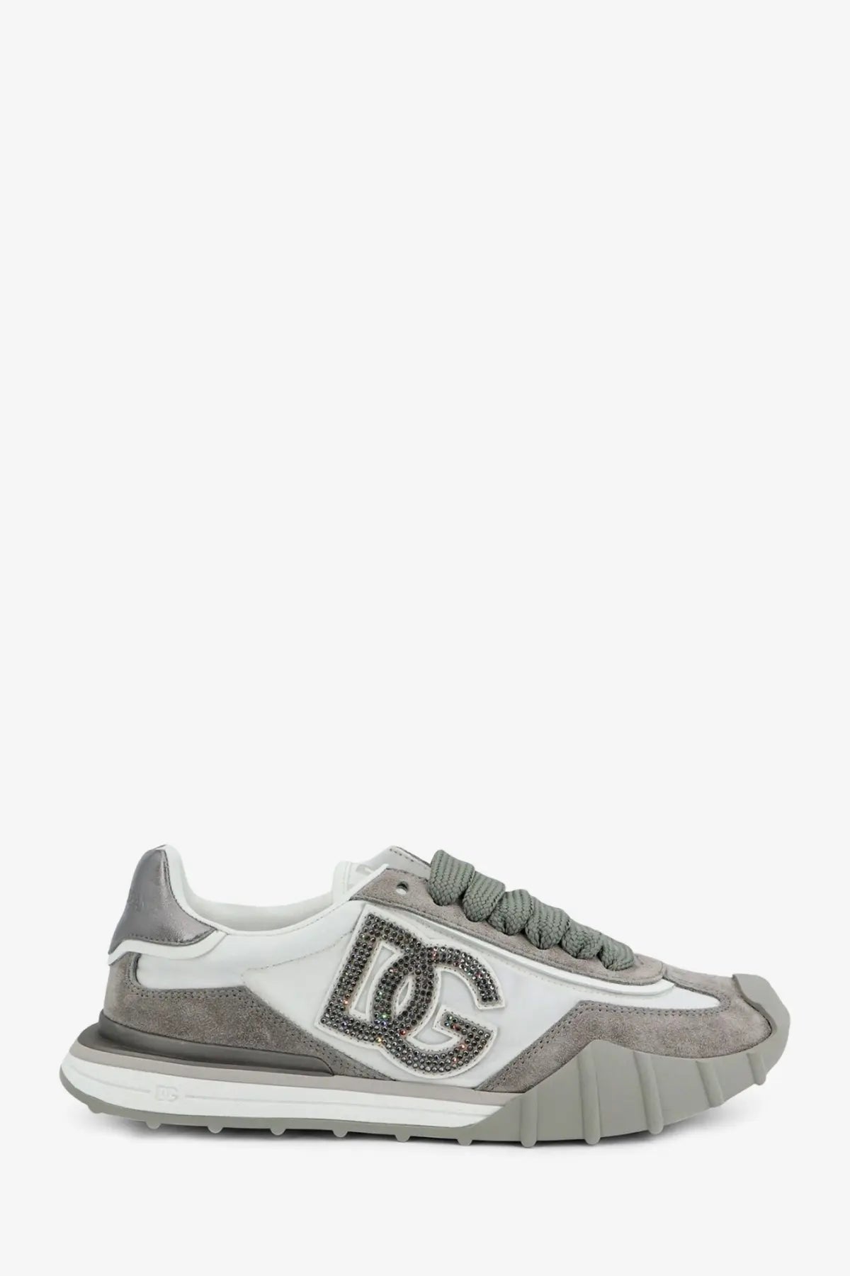 Dolce &amp; Gabbana women’s gray and white sneakers with suede upper mesh accents and sparkling DG logo on the side
