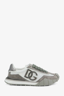 Dolce &amp; Gabbana women’s gray and white sneakers with suede upper mesh accents and sparkling DG logo on the side