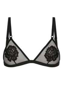 Dolce &amp; Gabbana women’s soft cup triangle bra in black lace with sheer mesh cups and adjustable straps