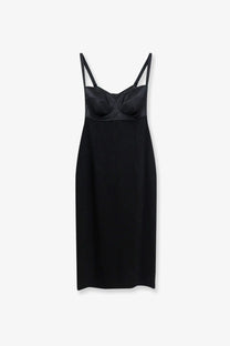 Dolce &amp; Gabbana women’s black satin strap dress with structured bodice and sleek flowing skirt in stretch fabric