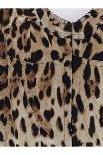 Dolce &amp; Gabbana women’s stretch fabric long dress in beige and black leopard print with a structured fitted design