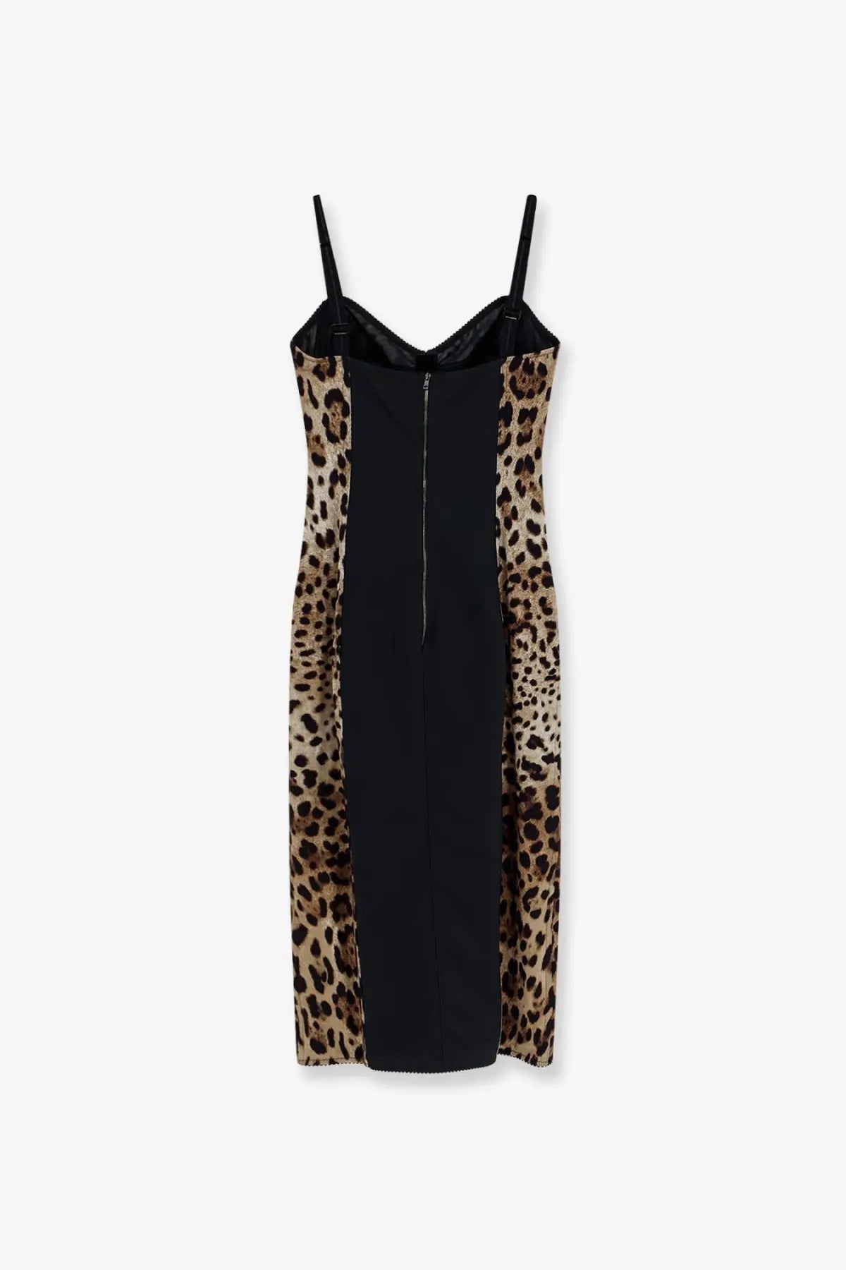 Dolce &amp; Gabbana women’s stretch fabric long dress in black and leopard print with spaghetti straps and central zipper