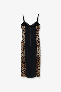 Dolce &amp; Gabbana women’s stretch fabric long dress in black and leopard print with spaghetti straps and central zipper