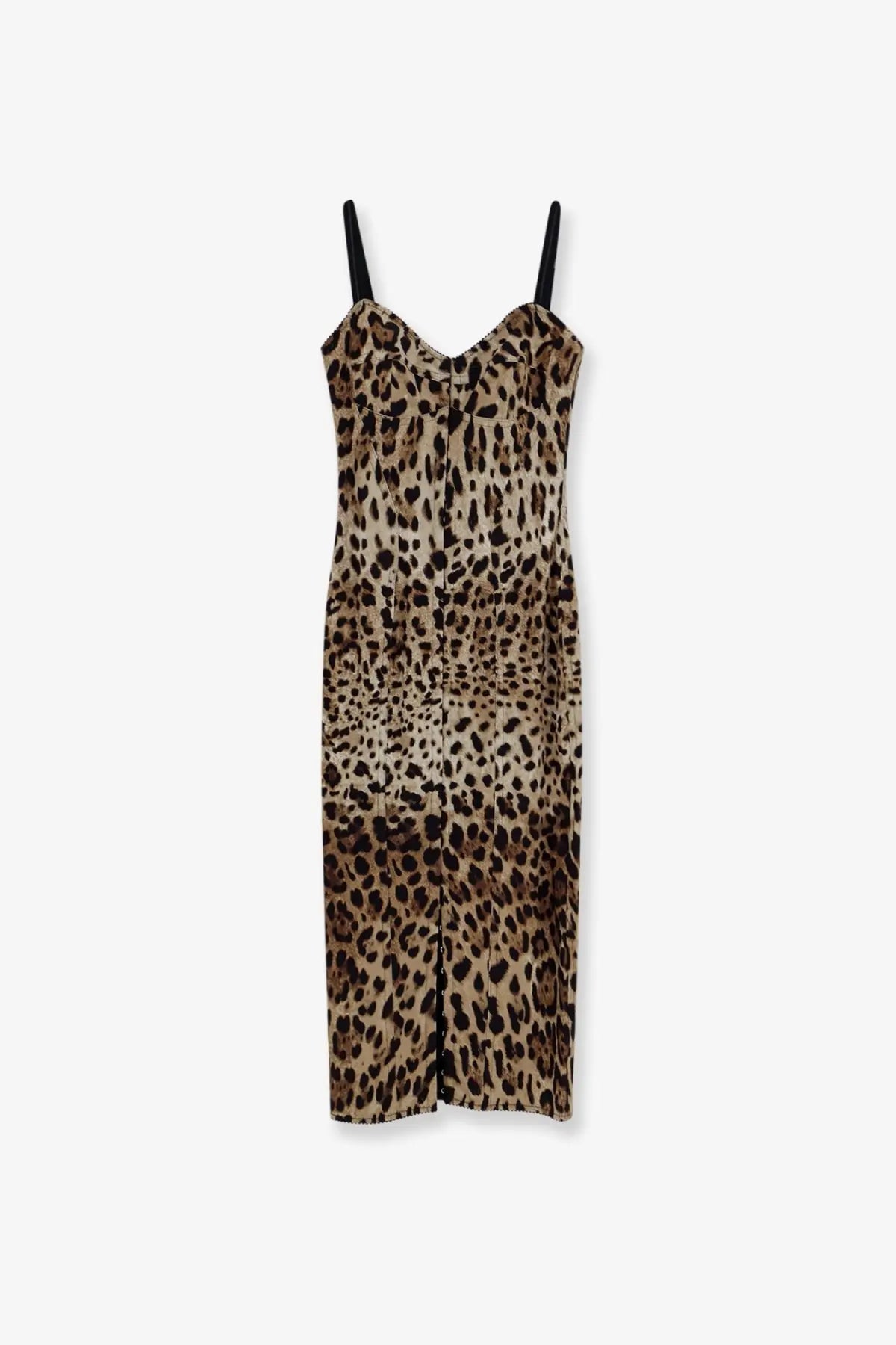Dolce &amp; Gabbana women’s leopard print midi dress with stretch fabric thin black straps and subtle sheen