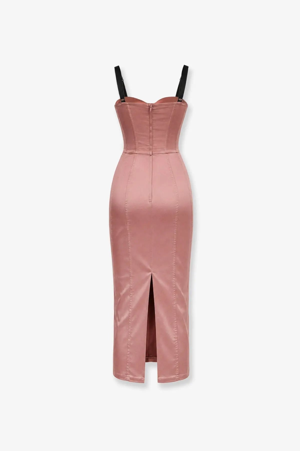Dolce &amp; Gabbana women’s stretch satin midi dress in pink with black spaghetti straps and a front slit