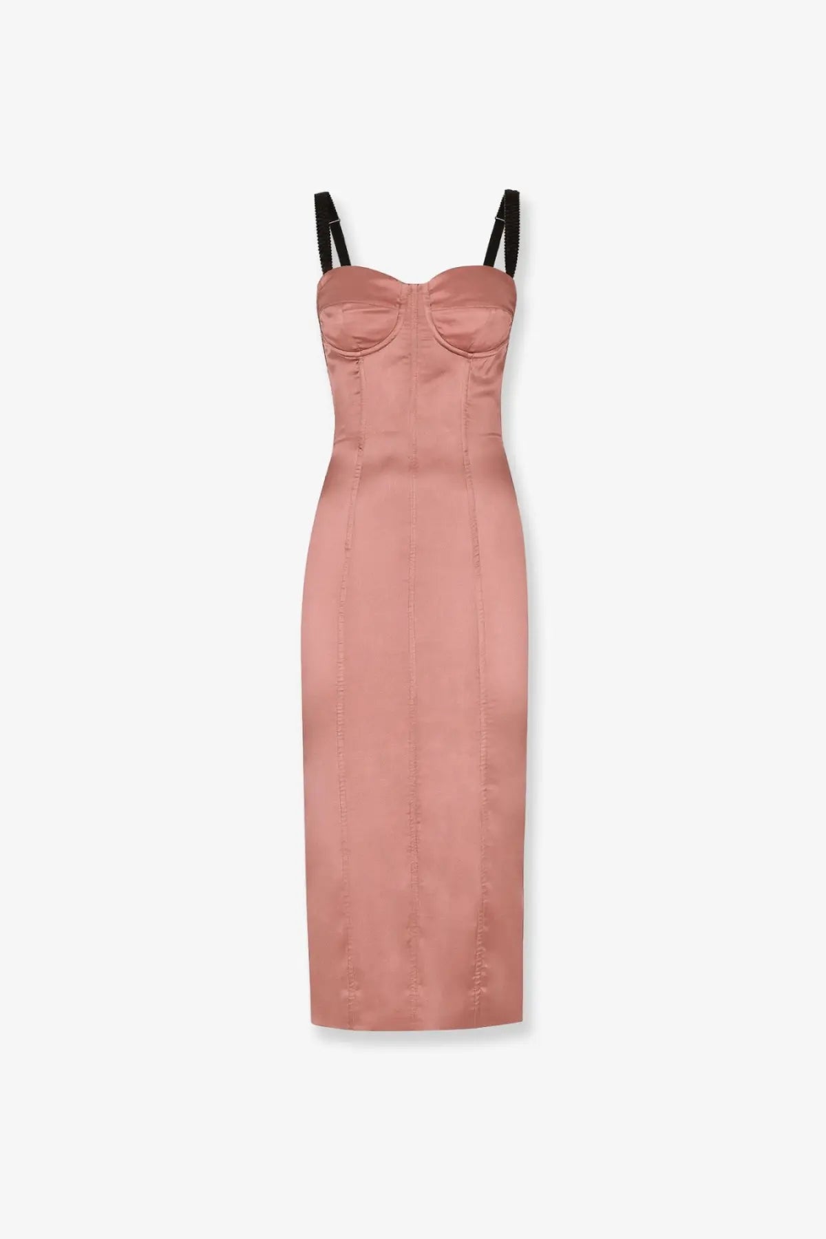 Dolce &amp; Gabbana women’s stretch satin midi dress in rose gold with black adjustable straps and structured bodice