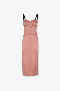 Dolce &amp; Gabbana women’s stretch satin midi dress in rose gold with black adjustable straps and structured bodice