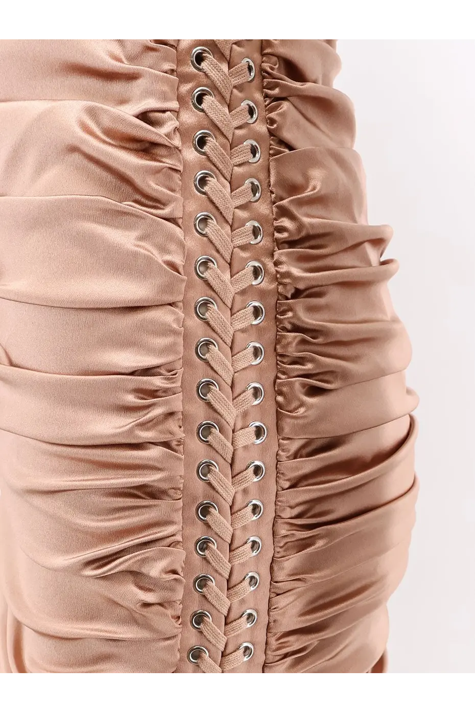 Dolce &amp; Gabbana women’s stretch silk blush pink satin corset-style skirt with central lace-up front and silver eyelets