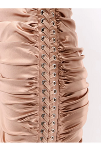 Dolce &amp; Gabbana women’s stretch silk blush pink satin corset-style skirt with central lace-up front and silver eyelets