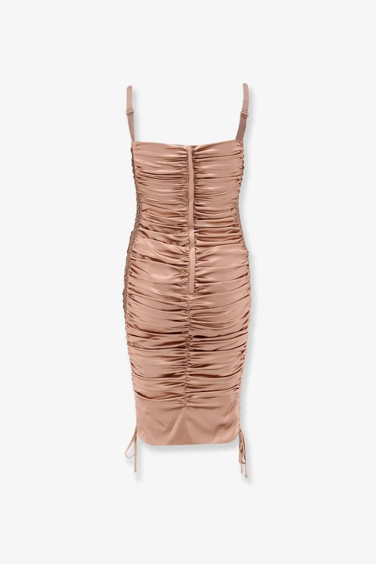 Dolce &amp; Gabbana women’s beige stretch silk midi dress with ruched detailing and adjustable straps in rose gold satin