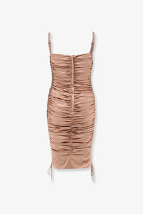 Dolce &amp; Gabbana women’s beige stretch silk midi dress with ruched detailing and adjustable straps in rose gold satin