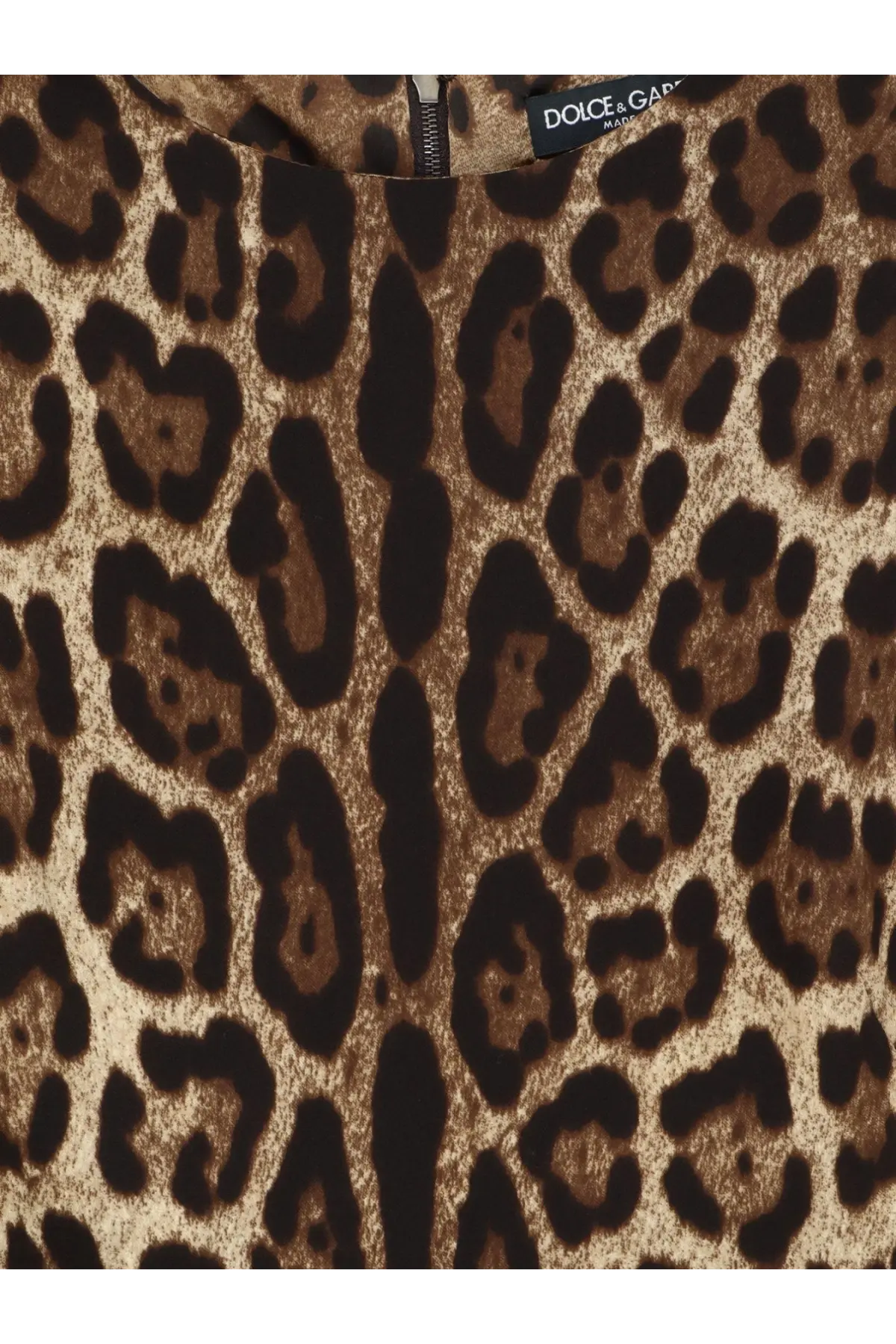 Dolce &amp; Gabbana women’s stretch silk dress in rich brown and black leopard print with brand label at neckline
