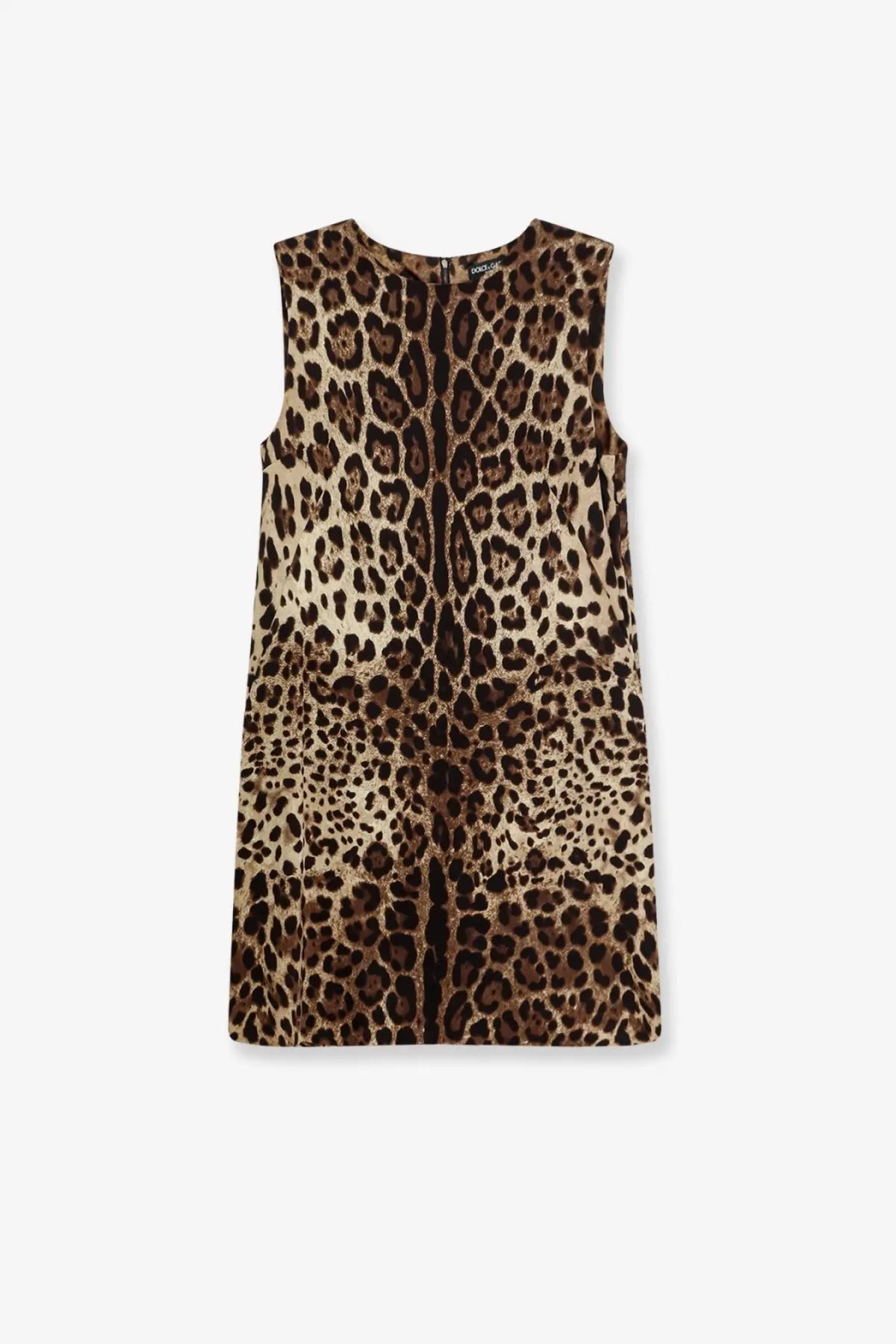 Dolce &amp; Gabbana women’s sleeveless stretch silk dress in bold leopard print with dark brown and tan spots on beige base