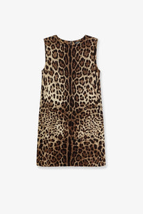Dolce &amp; Gabbana women’s sleeveless stretch silk dress in bold leopard print with dark brown and tan spots on beige base