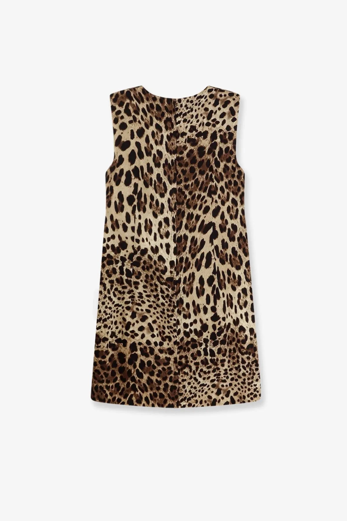 Dolce &amp; Gabbana women’s sleeveless a-line stretch silk dress in classic leopard print with brown spots on tan background