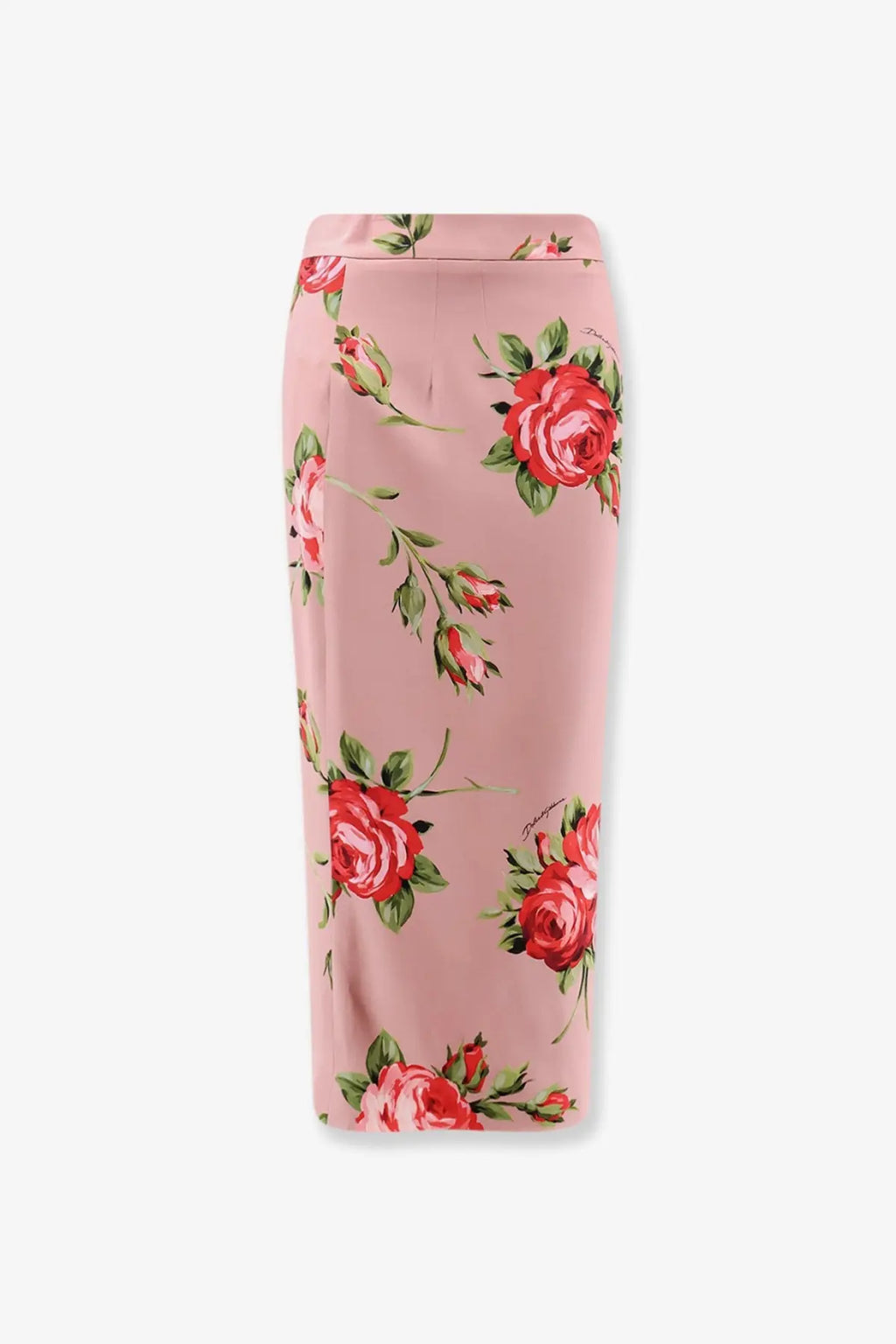 Dolce &amp; Gabbana women’s stretch silk long pink skirt with vibrant red roses and green leaves on satin fabric