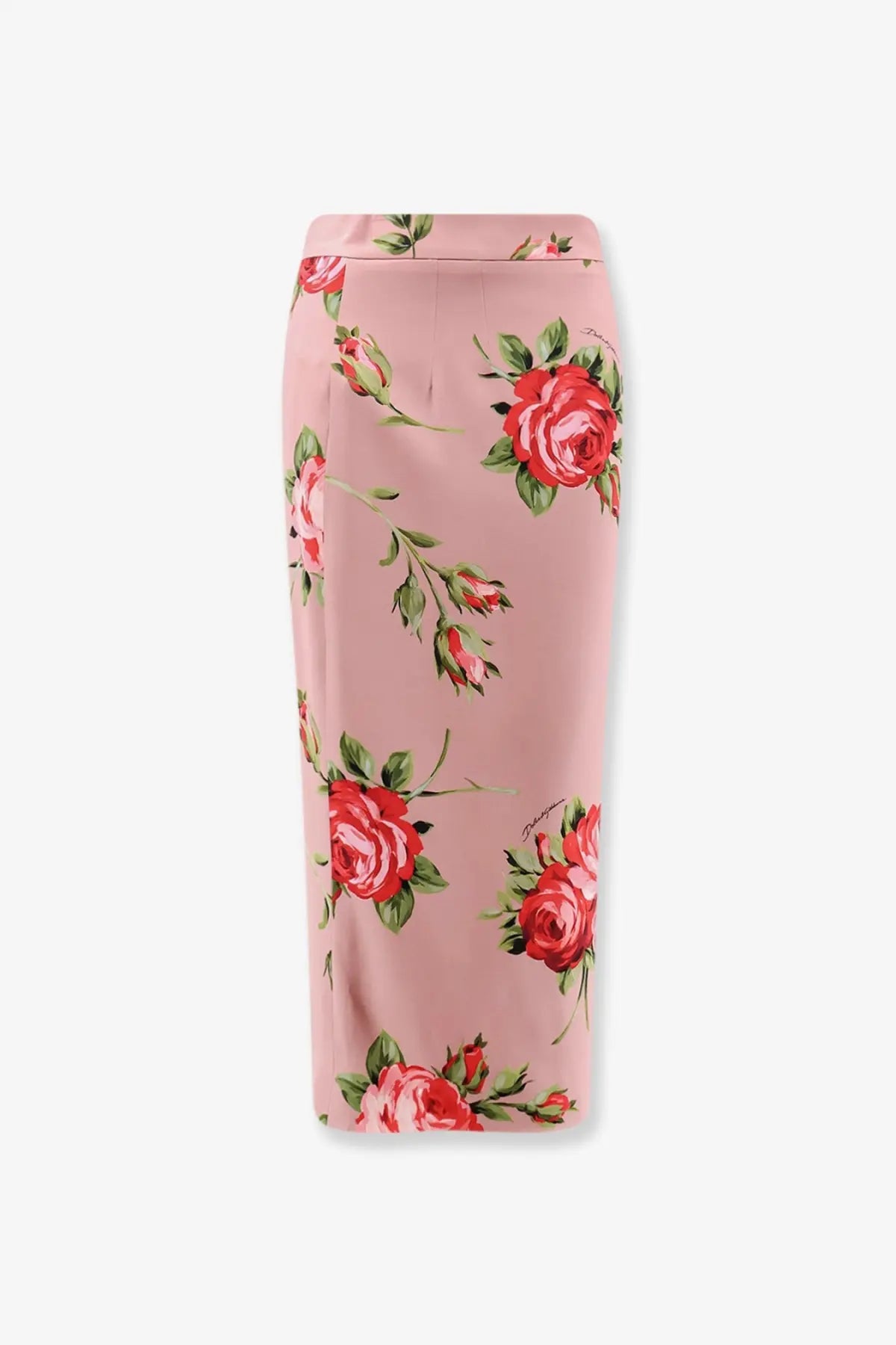 Dolce &amp; Gabbana women’s stretch silk long pink skirt with vibrant red roses and green leaves on satin fabric