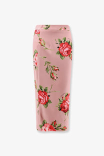 Dolce &amp; Gabbana women’s stretch silk long pink skirt with vibrant red roses and green leaves on satin fabric