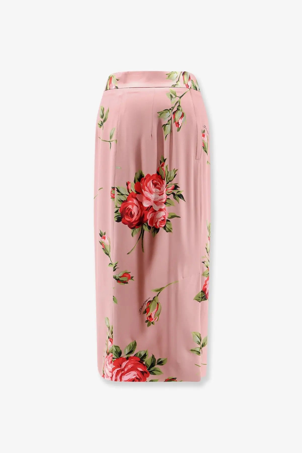 Dolce &amp; Gabbana women’s pink satin midi skirt with stretch silk featuring red rose floral pattern and green leaves