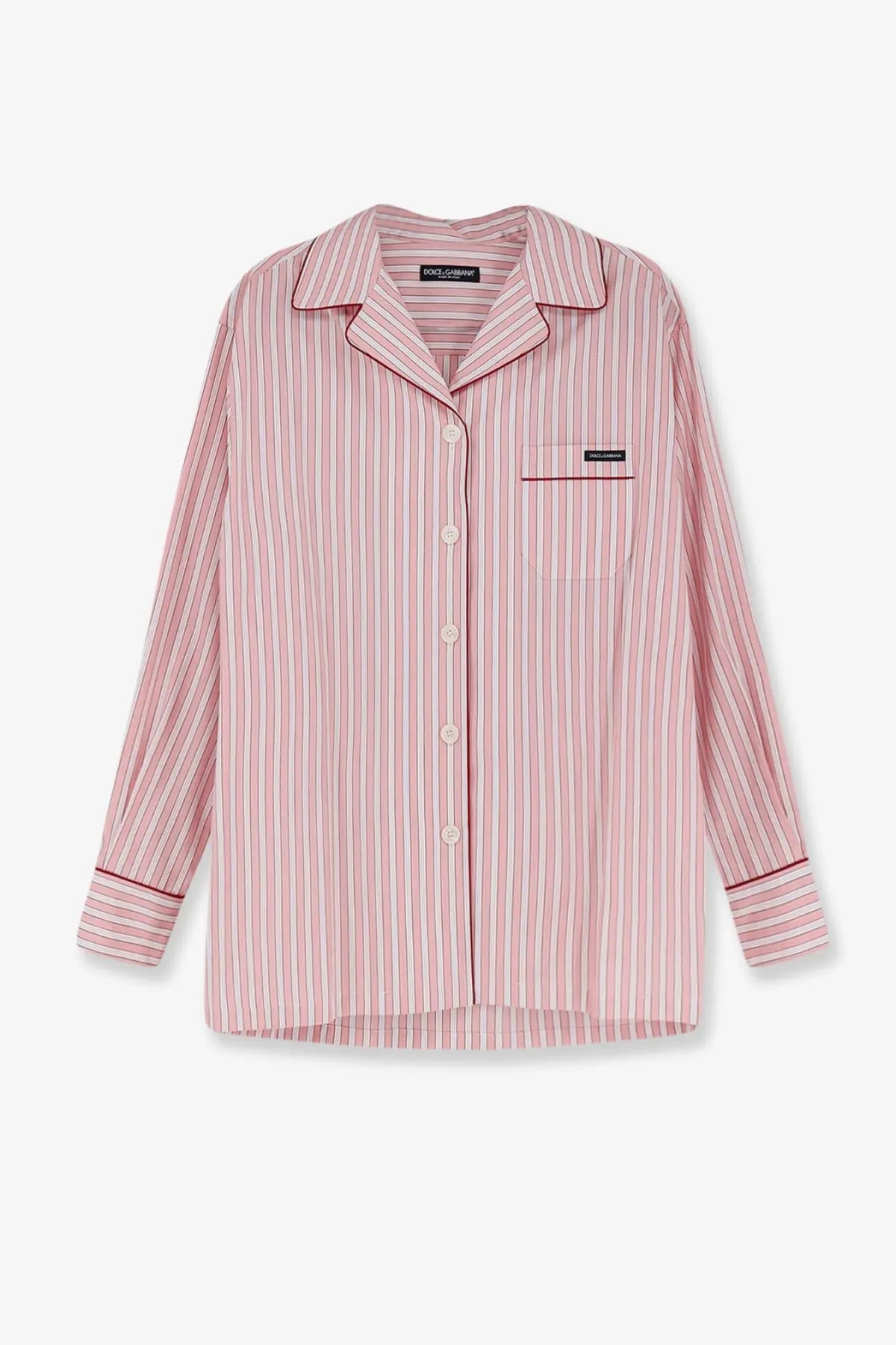 Dolce &amp; Gabbana women’s striped cotton pajama shirt with pink and white vertical stripes and dark red trim on collar cuffs pocket