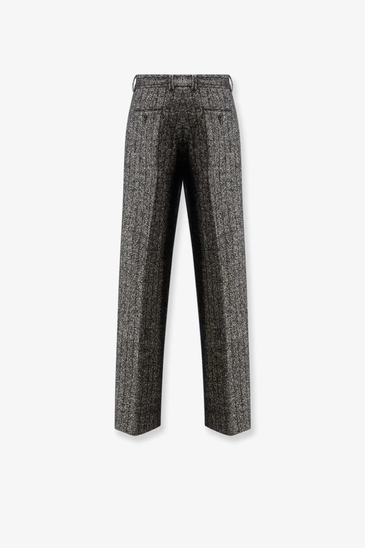 Dolce &amp; Gabbana women’s striped gray herringbone wool blend trousers with classic straight-leg and buttoned back pockets shown from back