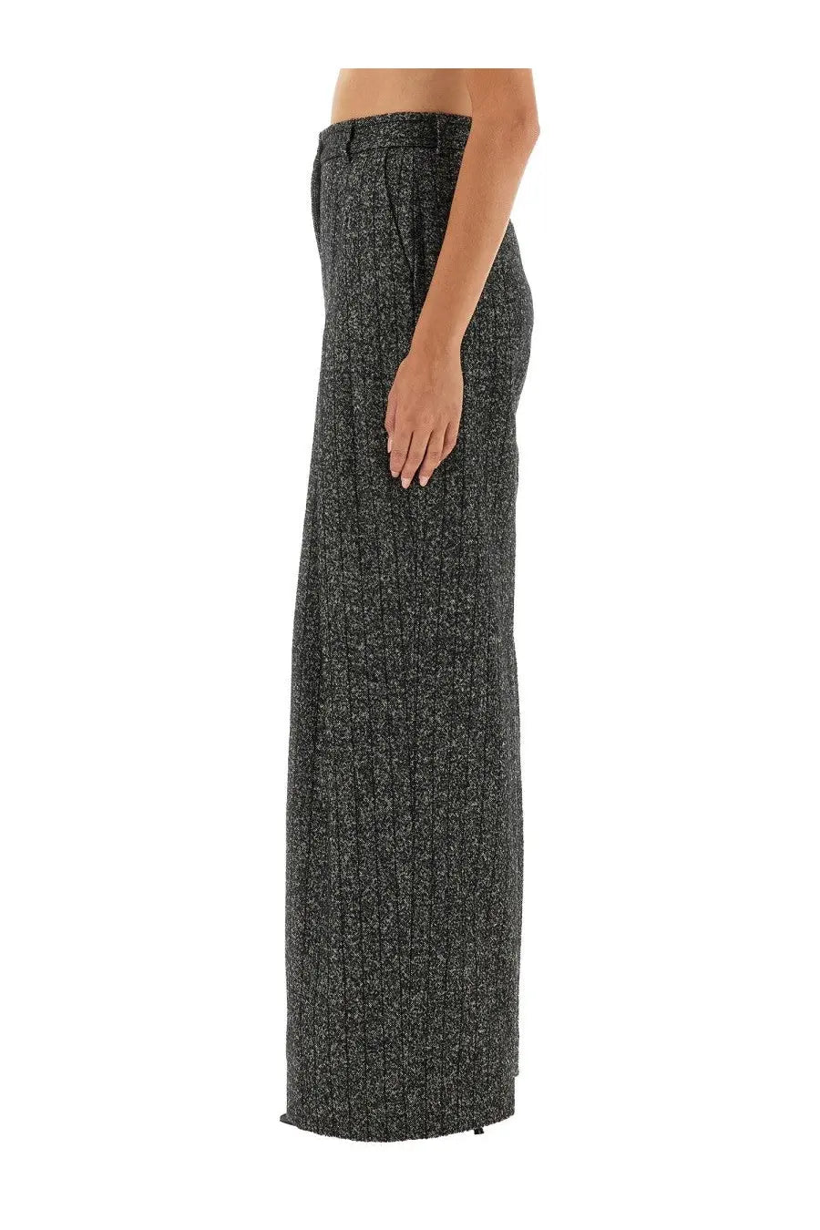 Dolce and gabbana women’s grey striped wool pants with black and white herringbone wide-leg texture front view