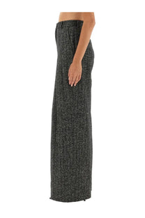 Dolce and gabbana women’s grey striped wool pants with black and white herringbone wide-leg texture front view