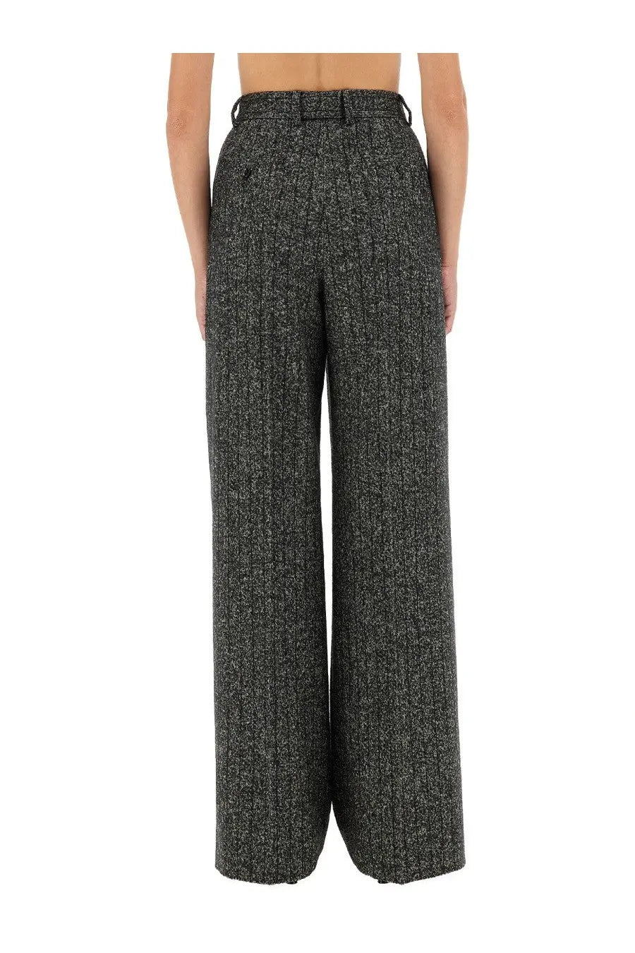 Dolce &amp; Gabbana women’s high-waisted wide-leg grey wool pants with black and white herringbone texture