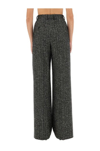 Dolce &amp; Gabbana women’s high-waisted wide-leg grey wool pants with black and white herringbone texture