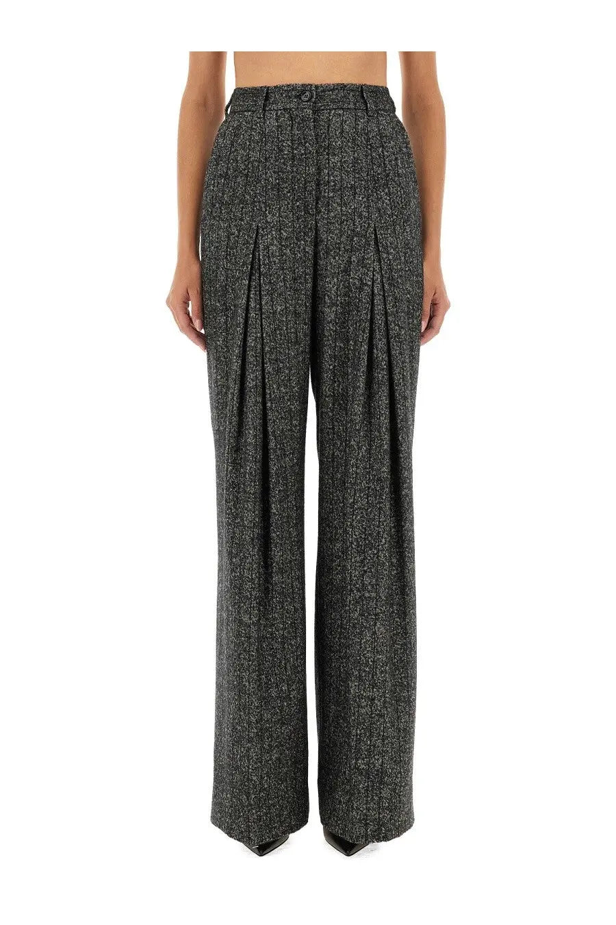 High-waisted wide-leg dolce &amp; gabbana women’s striped wool pants in textured black and white herringbone wool blend
