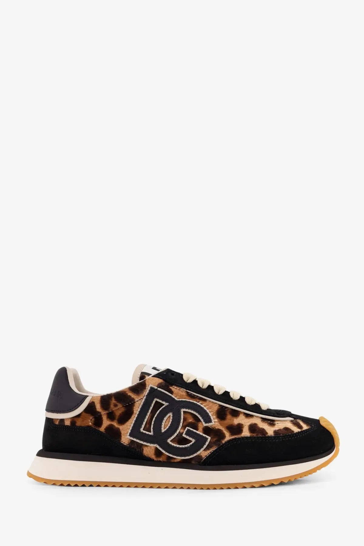 Dolce &amp; Gabbana women’s black suede sneakers with leopard-print accents and prominent dg logo on the side