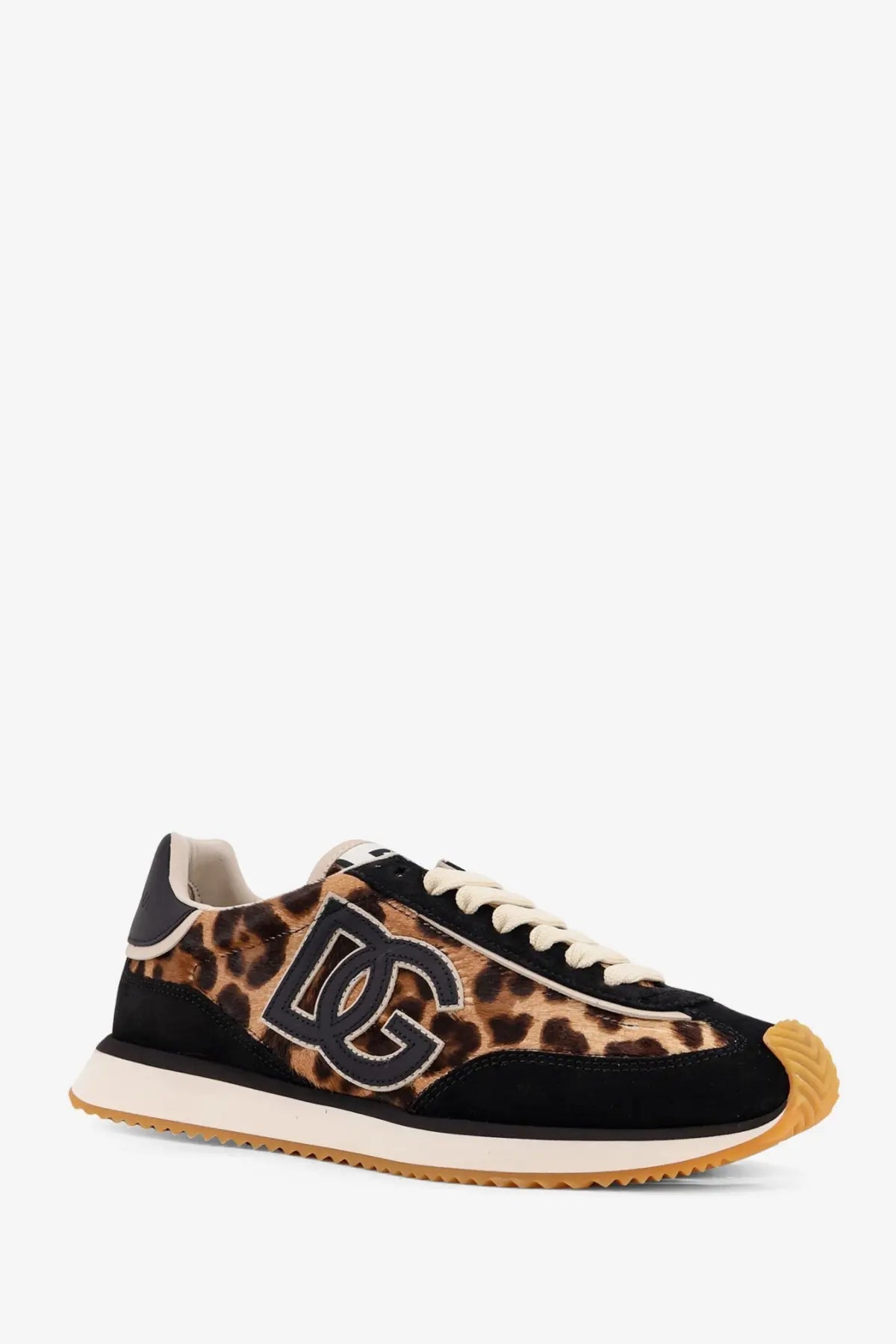 Dolce &amp; Gabbana women’s suede sneakers black with leopard print textile and bold dg logo on the side
