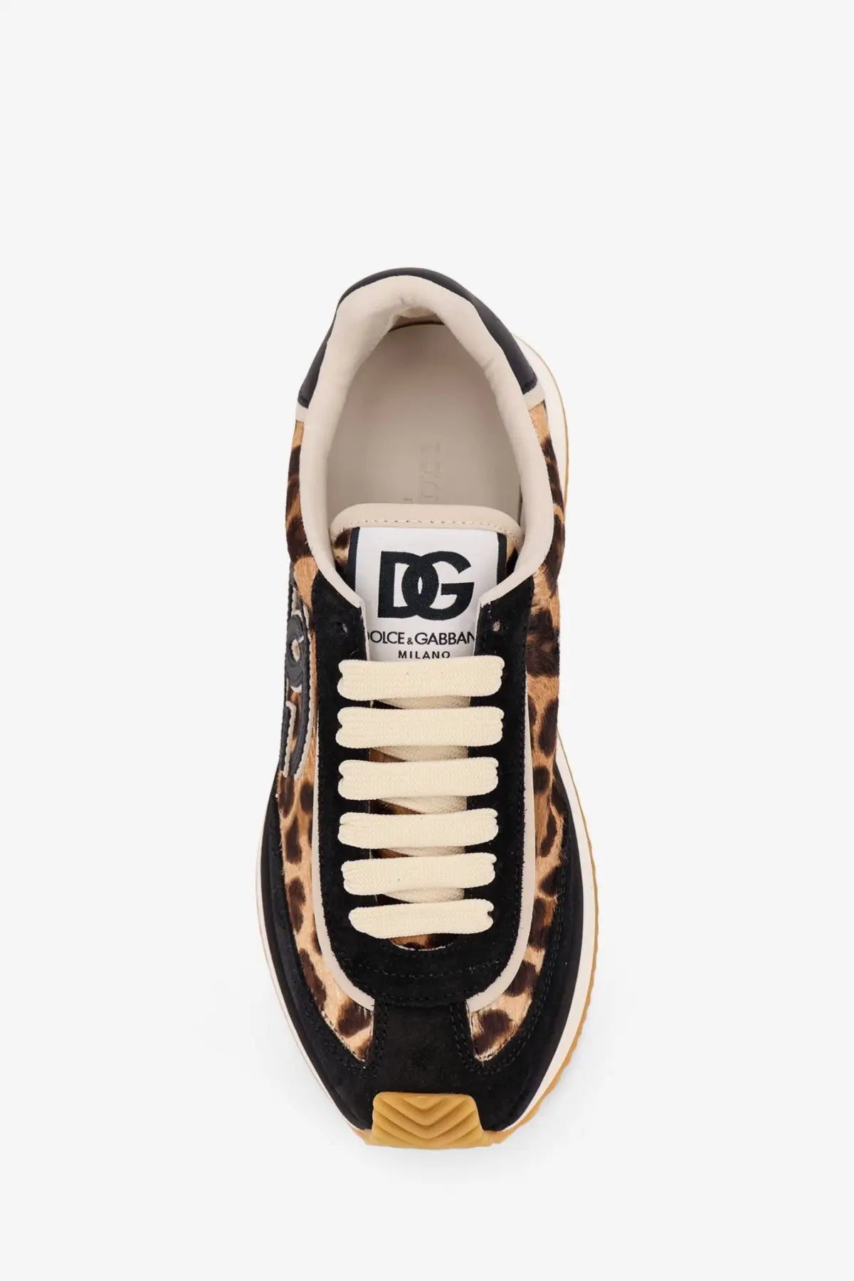 Dolce &amp; Gabbana women’s suede sneakers in black with leopard-print, black suede accents, and cream laces
