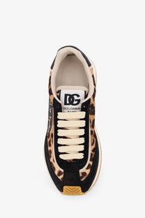Dolce &amp; Gabbana women’s suede sneakers in black with leopard-print, black suede accents, and cream laces
