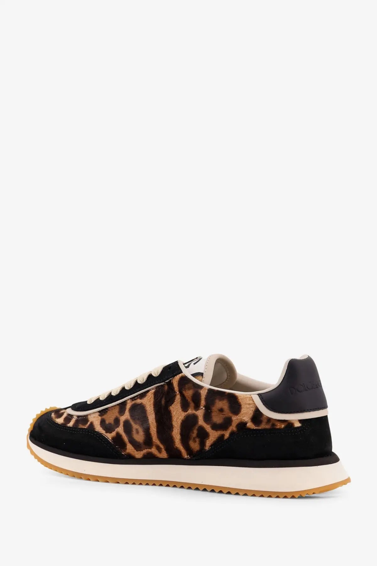 Dolce &amp; Gabbana women’s black suede sneakers with tan leopard print white laces and gum rubber sole