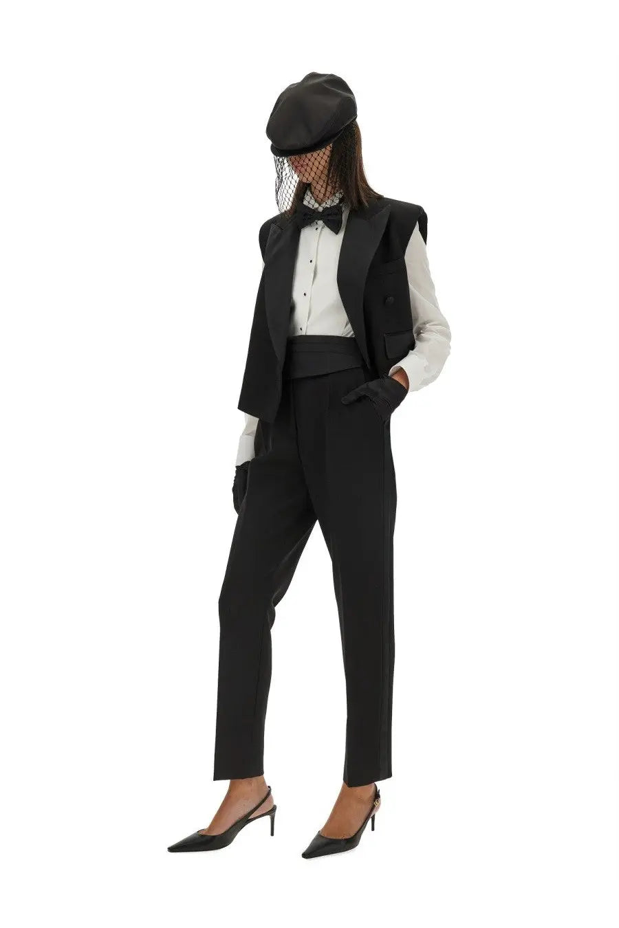 Dolce &amp; gabbana women’s tailored tuxedo pants in black paired with a black satin peak lapel vest with structured shoulders