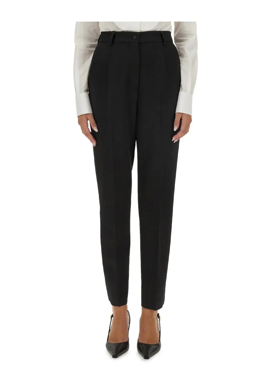Dolce &amp; Gabbana women’s tailored tuxedo pants black with sleek straight-leg cut and single-button waistband