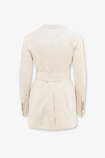 Dolce and Gabbana women’s cream tailored blazer with belted waist and vertical seam detailing in rustic canvas white