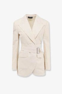 Cream-colored dolce and gabbana women’s taormina rustic canvas blazer with structured silhouette and belted waist