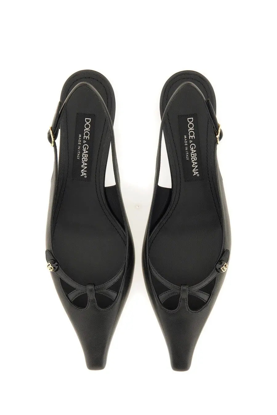 Dolce &amp; Gabbana women’s black leather slingback flats with pointed toe and decorative bow detail