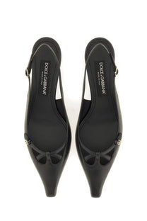 Dolce &amp; Gabbana women’s black leather slingback flats with pointed toe and decorative bow detail