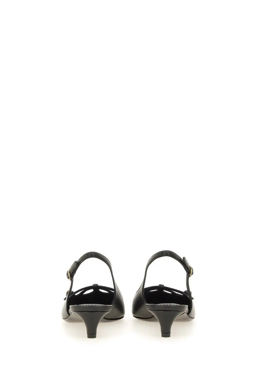 Dolce &amp; Gabbana women’s black leather slingback flats with low heel tassel and gold-tone buckle detail