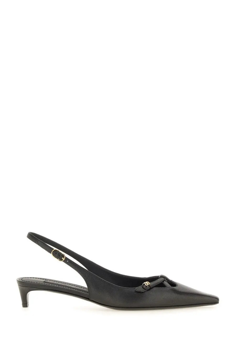 Dolce &amp; Gabbana women’s black leather slingback pump with pointed toe and gold-tone buckle tassel details