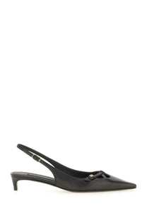 Dolce &amp; Gabbana women’s black leather slingback pump with pointed toe and gold-tone buckle tassel details