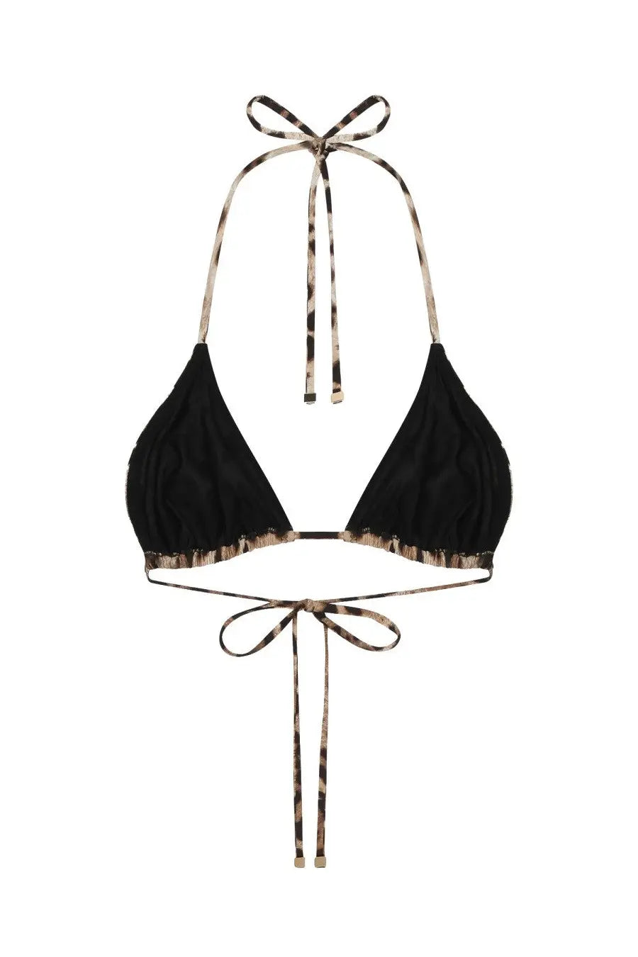Dolce gabbana women’s black triangle bikini top with leopard print tie and fringe trim for stylish swimwear